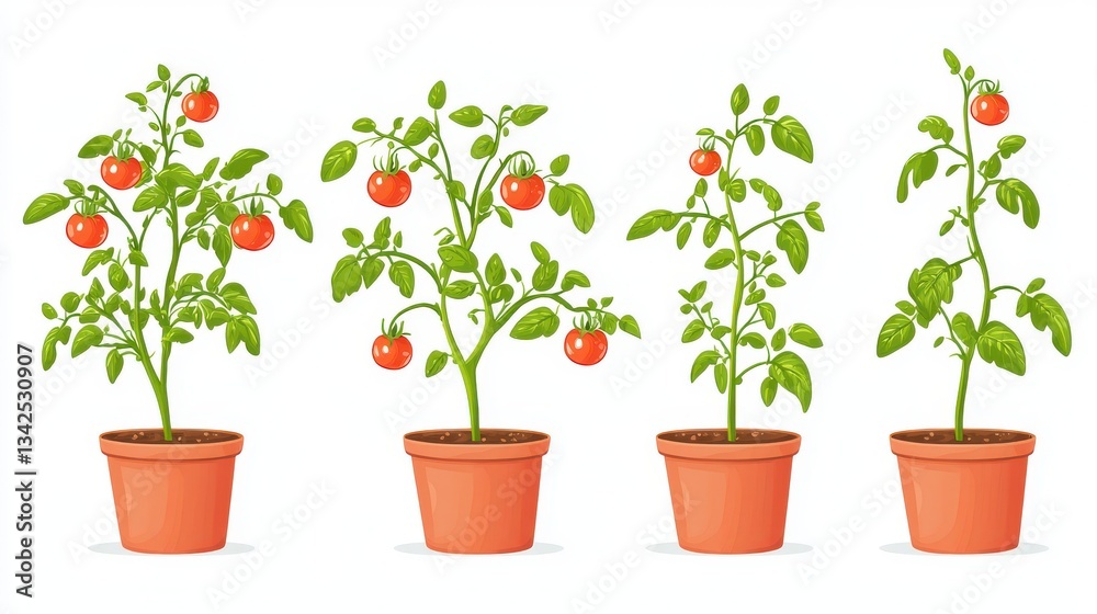Obraz premium Set of tomato plant in a pots isolated on a white