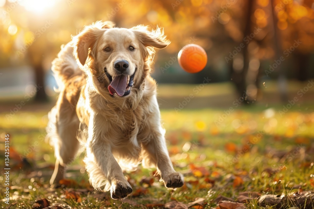 Dog joyfully runs through colorful autumn leaves while chasing a ball in a sunny park on a bright afternoon Dog joyfully runs through colorful autumn leaves while chasing a ball in a sunny park on a bright afternoon