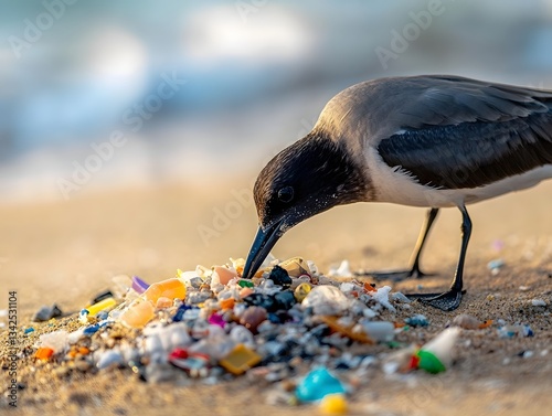 Bird pecking at plastic-infused sand, highlighting microplastic pollution's impact on wildlife