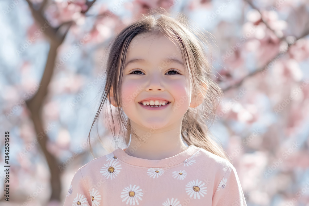 cheerful little girl smiling in pastel daisy print sweater outdoors during spring bloom cheerful little girl smiling in pastel daisy print sweater outdoors during spring bloom