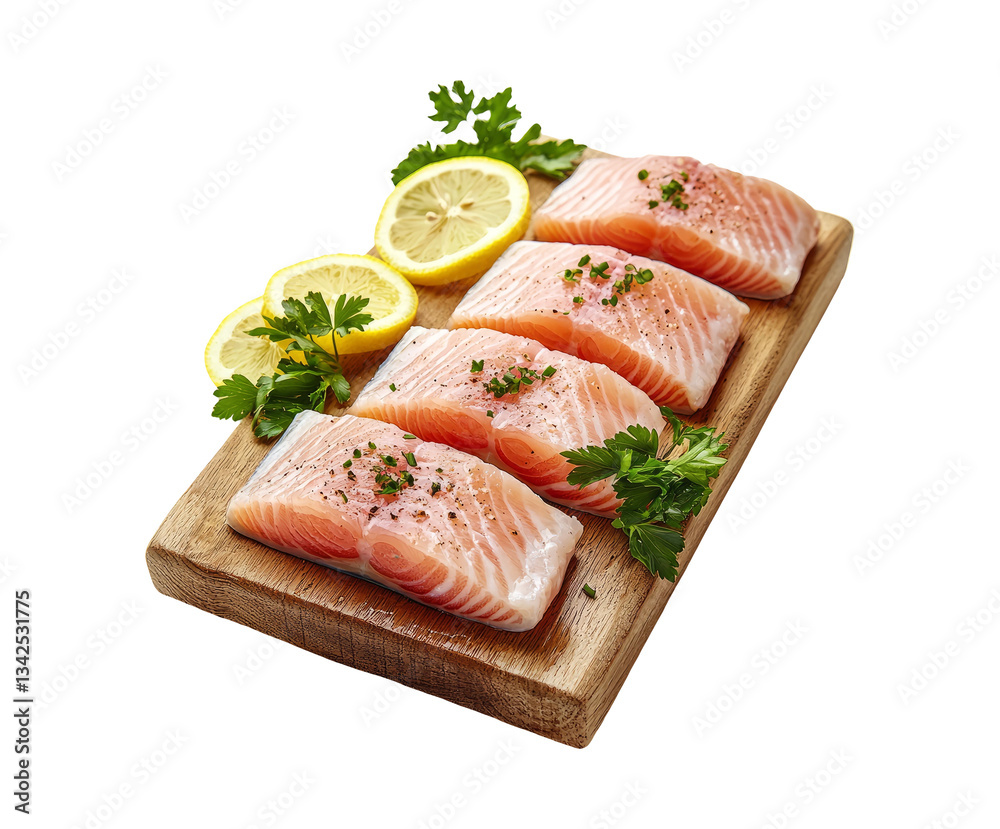 Fresh Salmon Fillets on Wooden Board with Lemon Slices and Herbs Fresh Salmon Fillets on Wooden Board with Lemon Slices and Herbs
