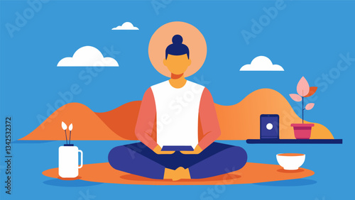 A person attends a meditation retreat disconnecting from all technology and focusing on inner stillness and mindfulness on their dopamine fasting day.. Vector illustration