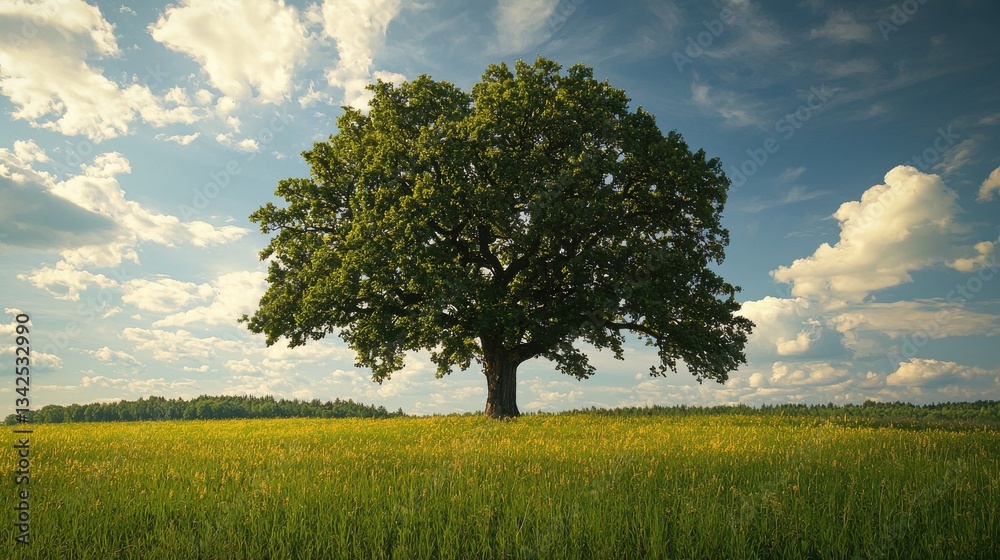 Fototapeta premium single big oak tree in field with perfect treetop