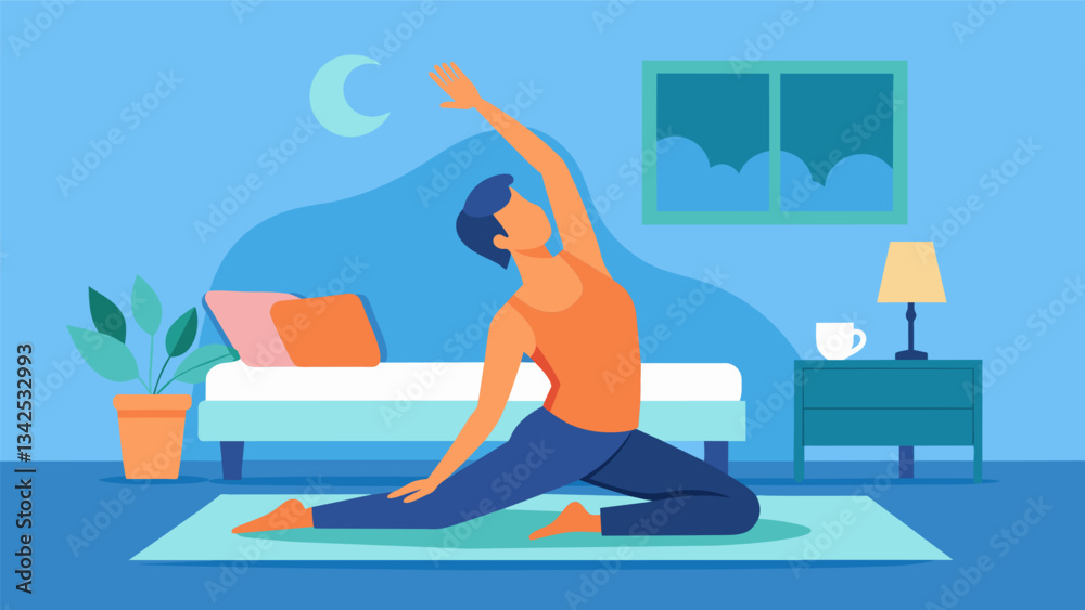 Obraz premium A person practicing gentle stretching or yoga poses on a comfortable mat next to their bed easing tension and promoting relaxation before sleep.. Vector illustration