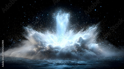 Dramatic Water Explosion Releasing Light and Particles Against a Dark Background