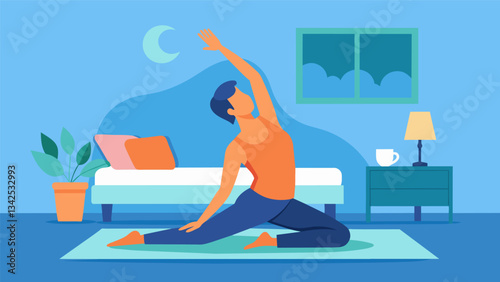 A person practicing gentle stretching or yoga poses on a comfortable mat next to their bed easing tension and promoting relaxation before sleep.. Vector illustration