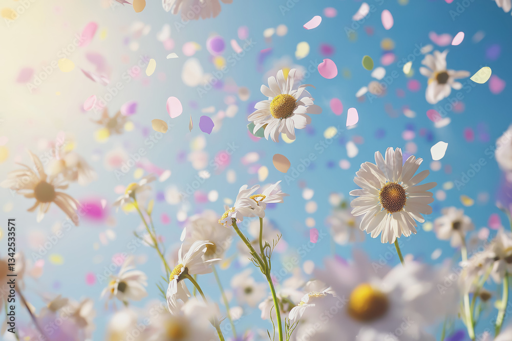 Obraz premium white chamomile flowers floating with pastel colored confetti against soft turquoise blue background