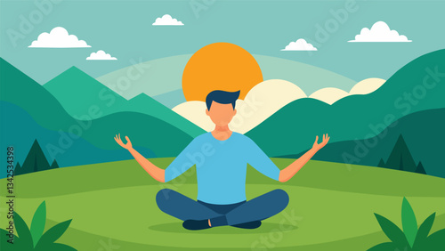 A man sinks into a meditative pose on the grass his hands outstretched towards the sun as it rises above the hills. His morning practice brings a sense of calm and connection to. Vector illustration