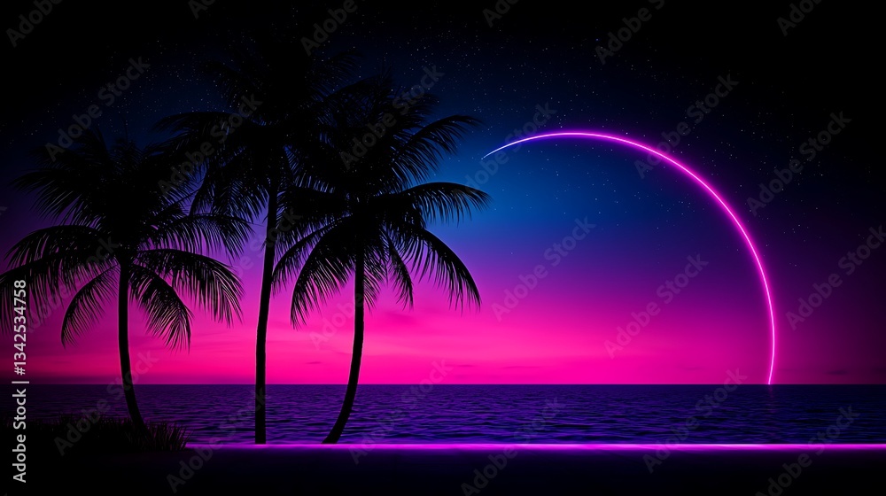 Naklejka premium Vibrant Sunset Palms Beach Scene