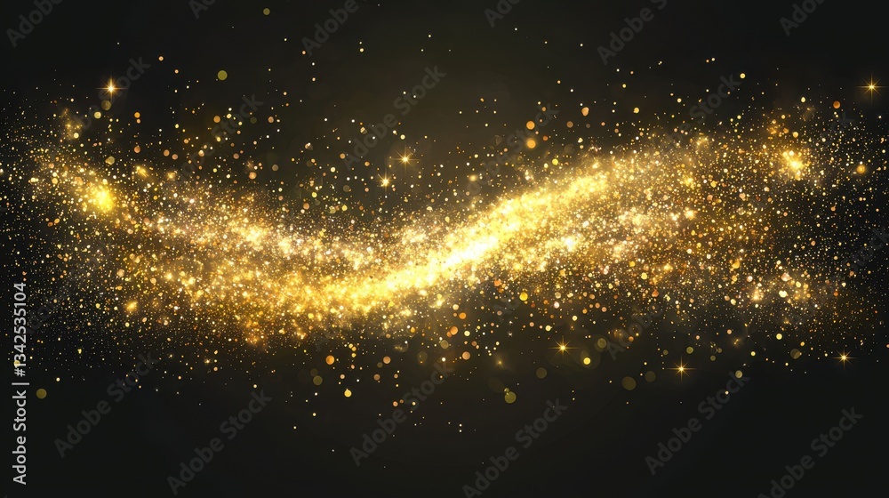 Naklejka premium Sparkling dust particles. PNG, Gold sparkle splatter border .Festive background with gold glitter and confetti for celebration. Background with glowing golden particles.