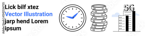 Analog clock, coin stack, and 5G network tower with signal bars and clouds. Ideal for technology, finance, communication, innovation, investment, productivity simple landing page
