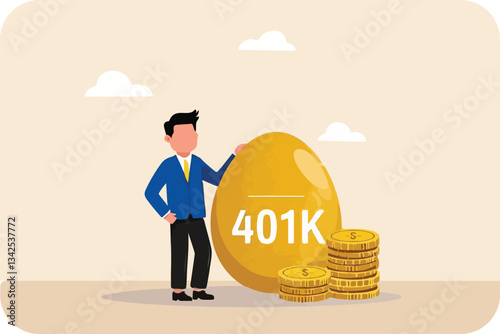 Man in Suit Leaning on Large 401K Coin, Representing Retirement Savings Success