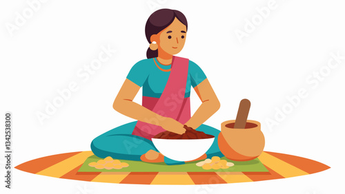 Sitting crosslegged on a colorful woven blanket a young woman uses a traditional wooden pestle to grind up peanuts and sesame seeds which will later be used to make crunchy nutty. Vector illustration