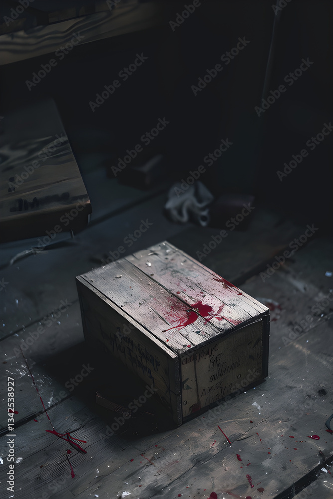 Fototapeta premium A small old wooden box hidden in an attic, it's a mess, with red stains on the box, lightened with a flashlight but it's very dark