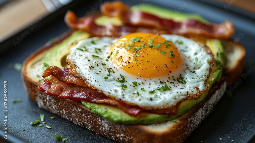 A symphony of flavors unfolds as a golden toast, adorned with a runny fried egg, crispy bacon strips, and creamy avocado slices, ready to fuel your day. A symphony of flavors unfolds as a golden toast, adorned with a runny fried egg, crispy bacon strips, and creamy avocado slices, ready to fuel your day.