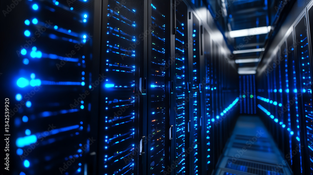 Obraz premium Modern data center with glowing server racks and advanced networking infrastructure.