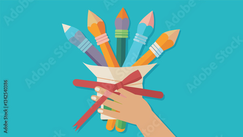 Small hands carefully unwrap a bundle of paintbrushes ready to create masterpieces with the new art supplies.. Vector illustration