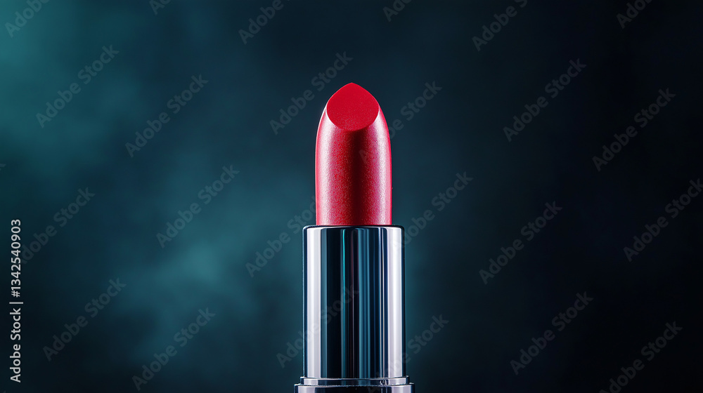 Classic red lipstick close-up with silver case against teal background Classic red lipstick close-up with silver case against teal background