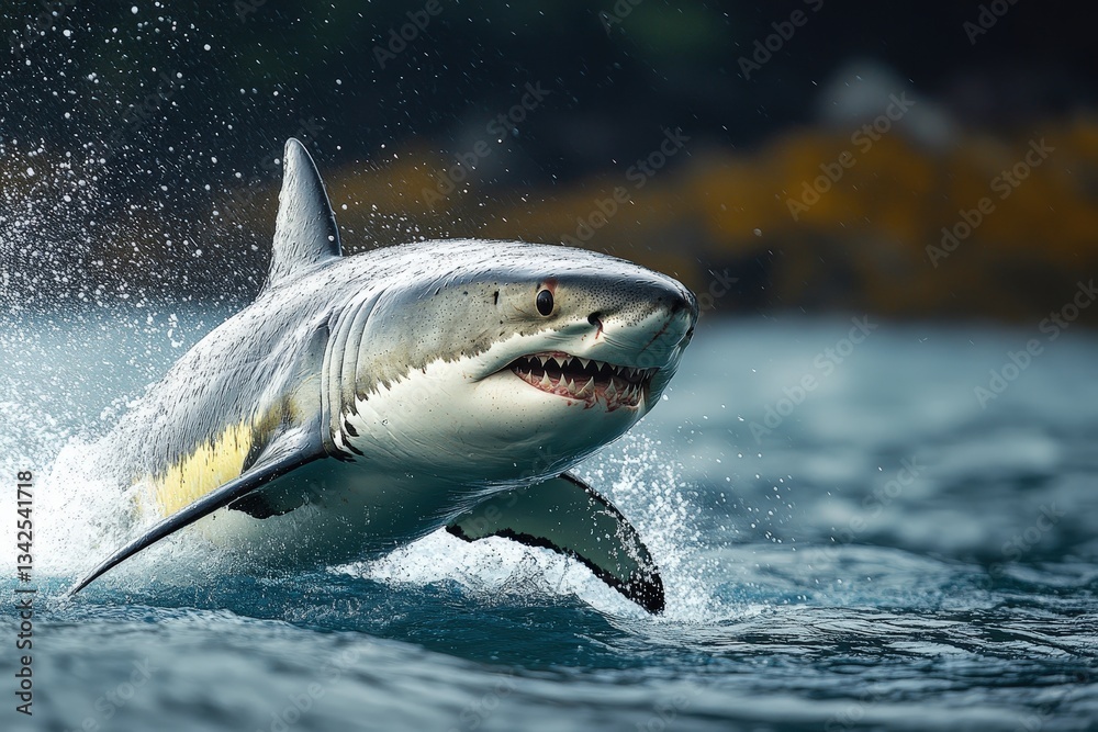 Fototapeta premium Majestic Shark Leaps From the Ocean, Showcasing Its Power and Agility During a Bright Afternoon in Clear Waters