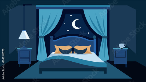 A bedroom with blackout curtains or a sleep mask to ensure complete darkness promoting deep and uninterrupted sleep.. Vector illustration