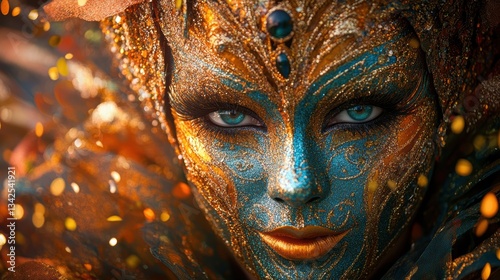 A vibrant carnival mask, adorned with intricate gold detailing and a halo of golden confetti, hinted at the joyous revelry within, ready to burst forth with a symphony of colors and music.