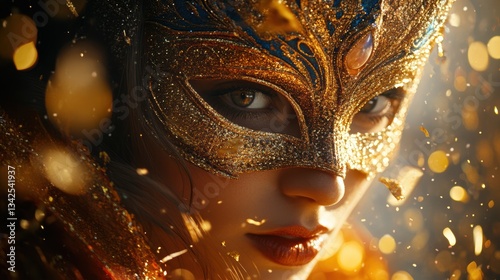 A vibrant carnival mask, adorned with intricate gold detailing and a halo of golden confetti, hinted at the joyous revelry within, ready to burst forth with a symphony of colors and music.