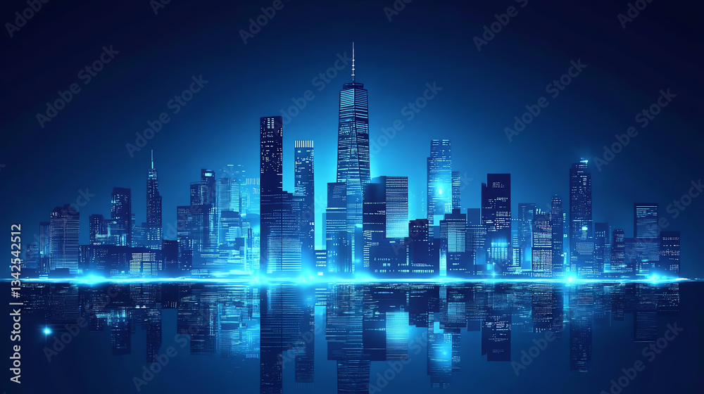 Obraz premium Futuristic city skyline with glowing blue lights reflecting in water at night.
