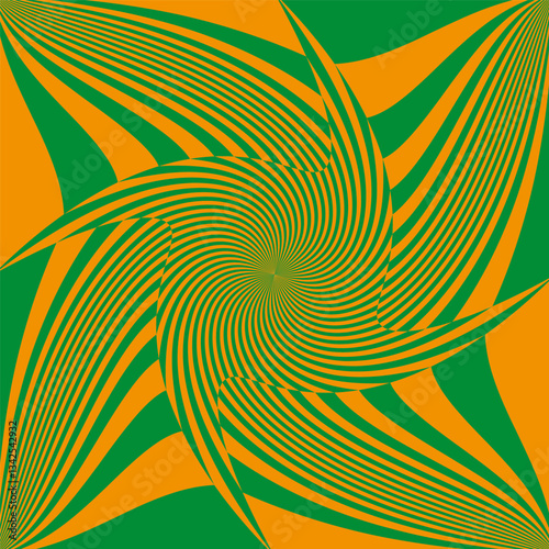 Rotating striped shape. Green orange swirl. Abstract twisted pattern. Vector optical form.