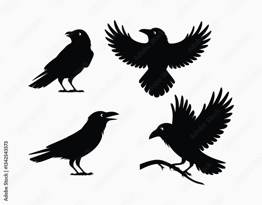Obraz premium Crow Flying Silhouette Vector Template on a White Background