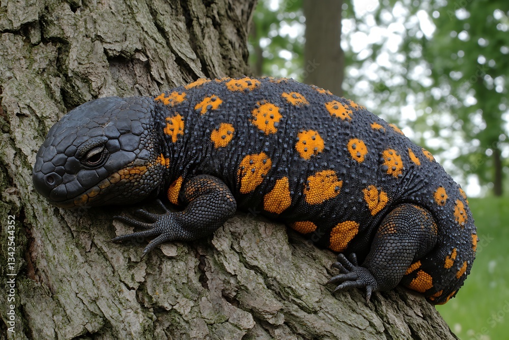 Lizard on a tree trunk in a park, nature and wildlife scene