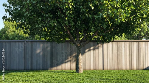 Lush green tree with vibrant leaves standing in a well-kept yard under clear blue sky during midday