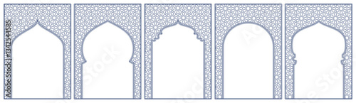 Line islamic windows, mosque doors with traditional pattern. Ramadan or Al-Adha golden decoration, holiday frames. Vertical format for cards or social media. Transparent background in vector file.