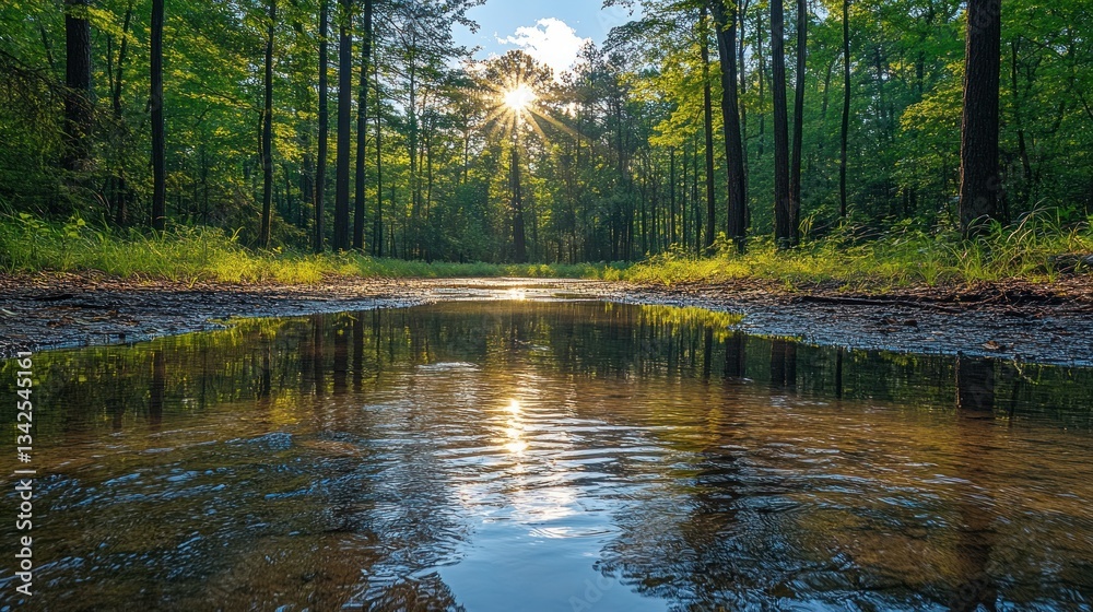 Obraz premium Sunny Forest Puddle Reflection Pathway