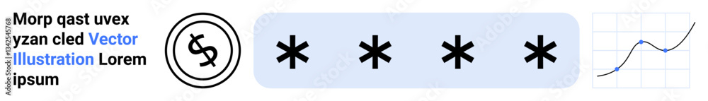 Fototapeta premium Dollar currency sign inside circle, password represented by asterisks, and upward trend line chart. Ideal for cybersecurity, finance, data protection, growth analysis, encryption, authentication