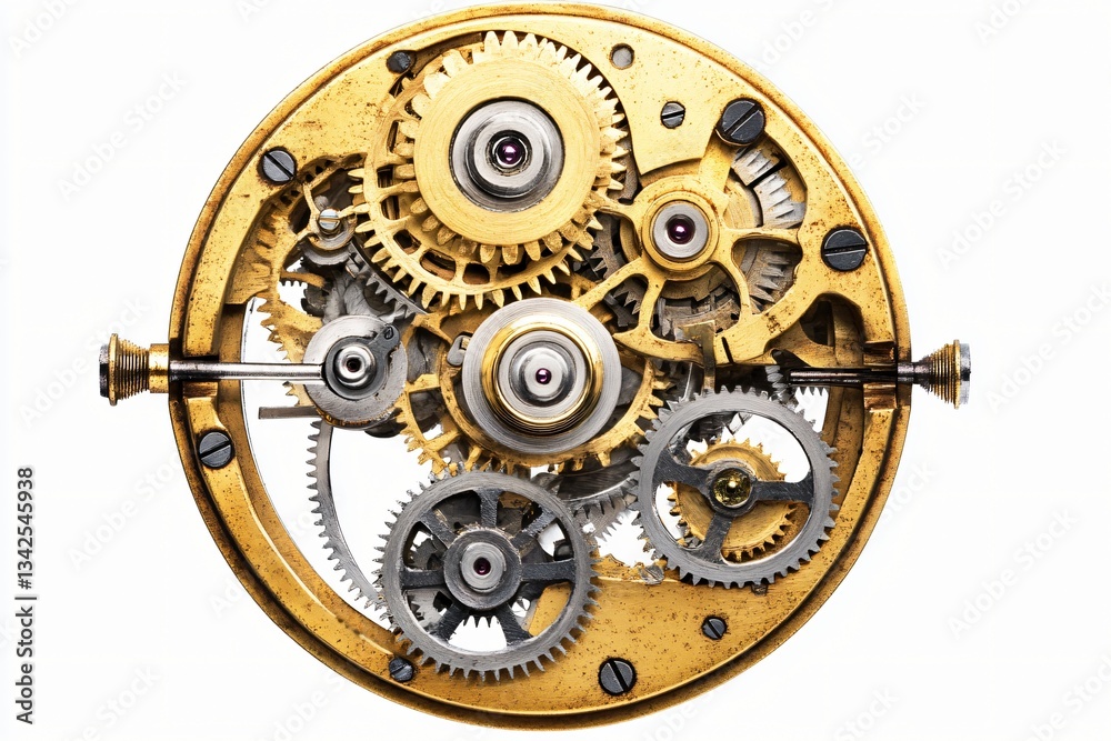 Fototapeta premium A detailed macro shot showcases the inner workings of a vintage watch, revealing intricate gears, screws, and jewels with precision craftsmanship.