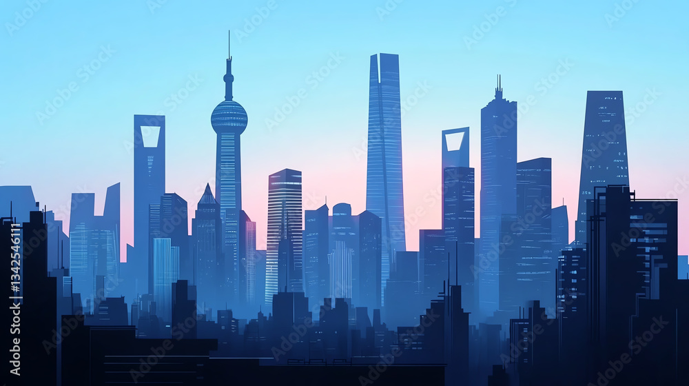 Fototapeta premium Silhouette of a modern city skyline at dusk with high-rise buildings and towers.