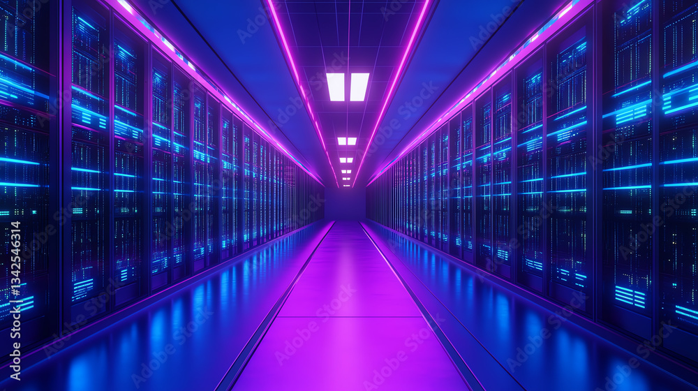 Futuristic server room with neon lights and endless data storage racks. Futuristic server room with neon lights and endless data storage racks.