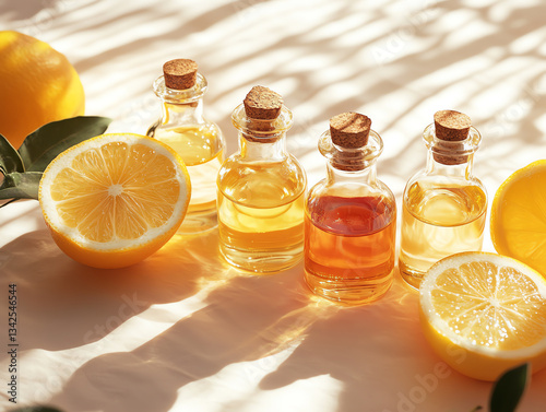 Fresh lemons and essential oil bottles in sunlight create a refreshing, natural ambiance.