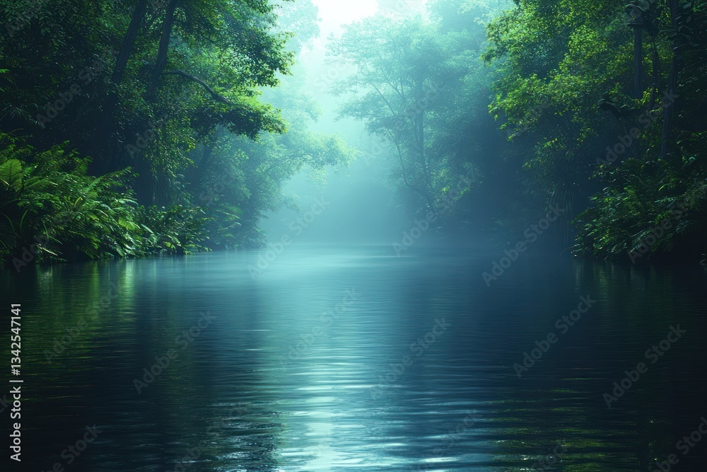 Obraz premium Misty river flowing through tranquil jungle forest at dawn