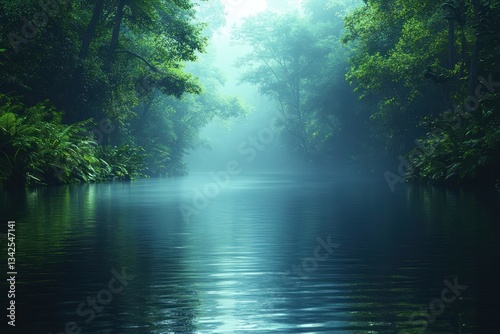 Misty river flowing through tranquil jungle forest at dawn