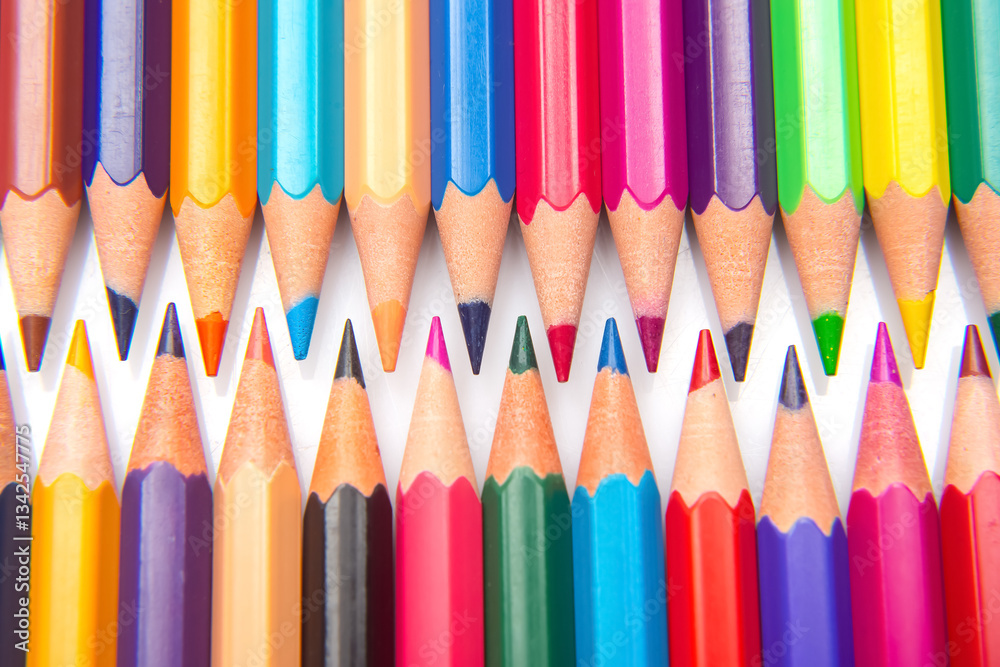A collection of sharpened colored pencils in a grid pattern on a white background. Great for illustrating art supplies, school projects, or creative concepts. A collection of sharpened colored pencils in a grid pattern on a white background. Great for illustrating art supplies, school projects, or creative concepts.
