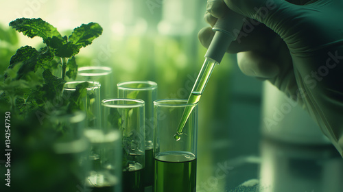 Research in laboratory with plants and green liquid in test tubes.