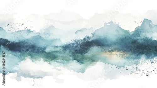 Abstract Watercolor Landscape Painting in Blue Green and Gold Hues Featuring a Landscape Background with Vibrant Colors and Brushstrokes.  A Unique Artistic Design.   A Tranquil and Peaceful
