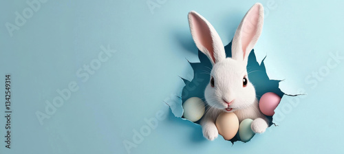 Bunny peeking out of a hole in blue wall, fluffy eared bunny easter bunny banner, rabbit jump out torn hole