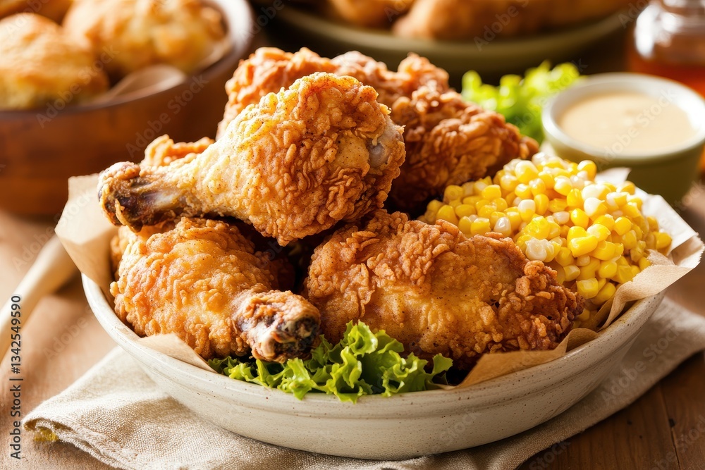 Crispy Fried Chicken Drumsticks Served with Corn and Lettuce on a Rustic Wooden Table Crispy Fried Chicken Drumsticks Served with Corn and Lettuce on a Rustic Wooden Table