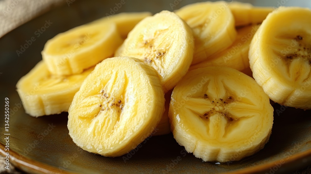 A plate adorned with vibrant yellow banana slices, their smooth skin glistening with a hint of sweetness, ready to be savored. A plate adorned with vibrant yellow banana slices, their smooth skin glistening with a hint of sweetness, ready to be savored.