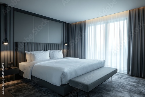 A modern luxury bedroom displays a comfortable king sized bed