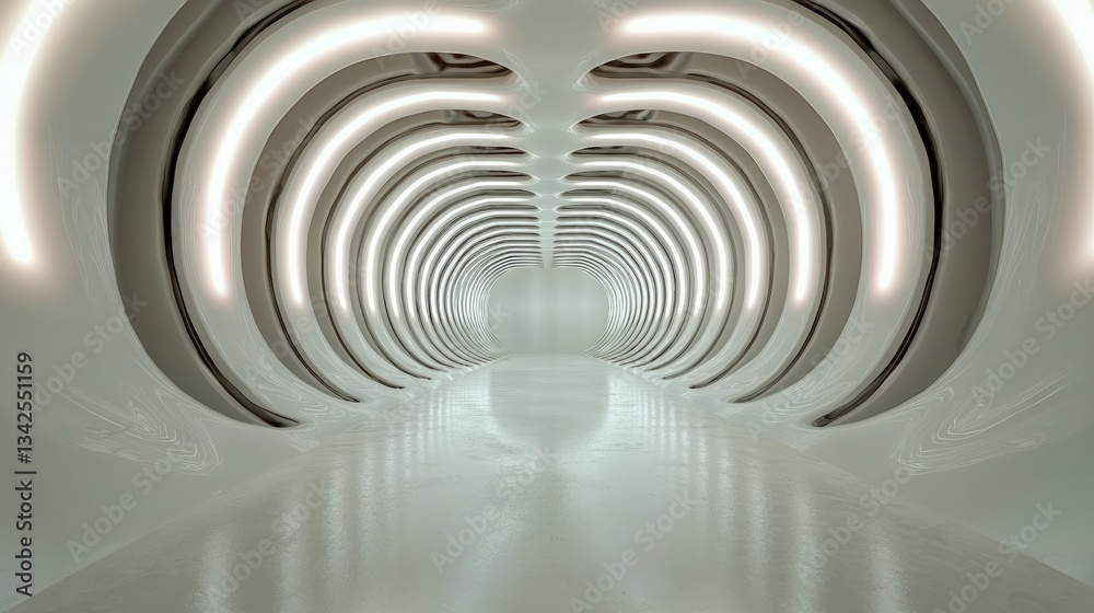 Naklejka premium Futuristic White Corridor Abstract Geometric Tunnel Modern Architecture AI Generated In