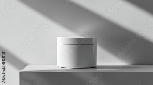 A pristine white cosmetic container  adorned with sleek lines  sat majestically against a neutral canvas of gray  a minimalist composition that exuded an air of sophistication and elegance.