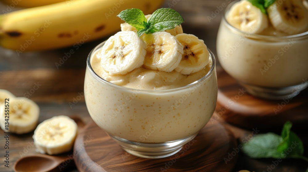 A creamy concoction of frozen bananas, adorned with fresh, vibrant banana slices, a sweet and refreshing treat. A creamy concoction of frozen bananas, adorned with fresh, vibrant banana slices, a sweet and refreshing treat.